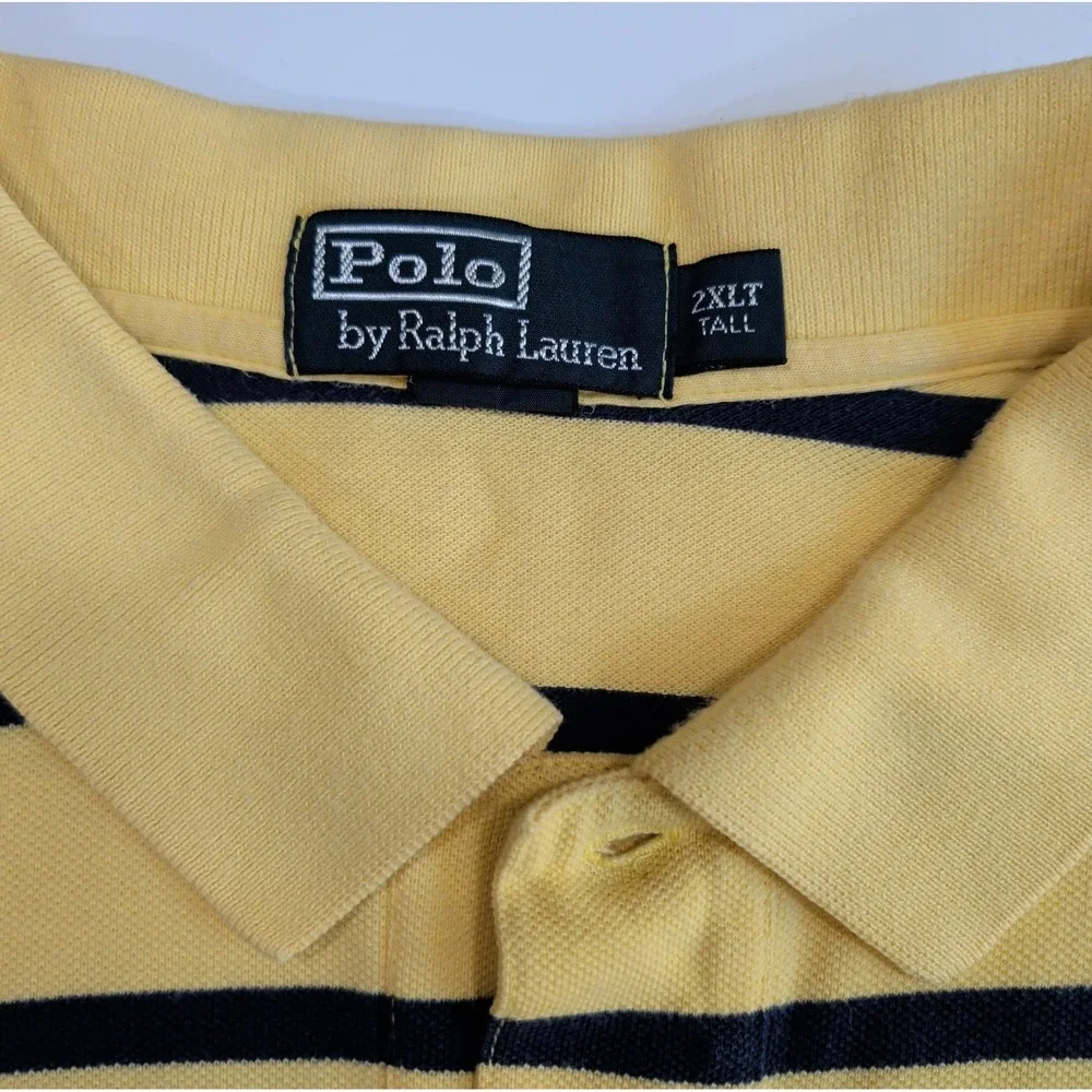 Vintage Ralph Lauren Polo Shirt Mens 2XLT Tall Yellow Navy Striped Preppy Campus